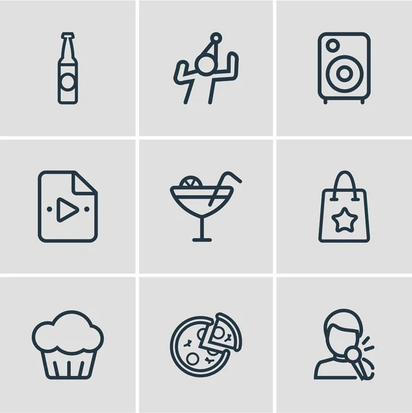 Illustrazione vettoriale di 9 icone celebrazione stile linea. Set modificabile di pizza, bottiglia di birra, altoparlanti e altri elementi icona . — Vettoriale Stock