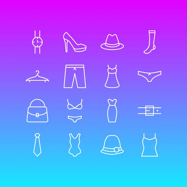 Illustration vectorielle du style ligne 16 icônes de robe. Ensemble modifiable de débardeur, sac, bikini et autres éléments emblématiques . — Image vectorielle