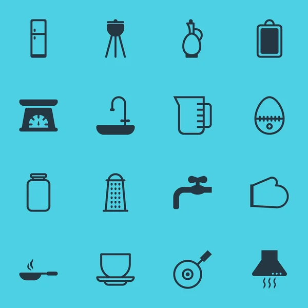 Ilustración vectorial de 16 iconos de utensilios de cocina. Conjunto editable de taza, tabla de cortar, pan y otros elementos del icono . — Archivo Imágenes Vectoriales