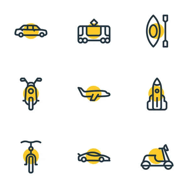 Ilustração vetorial de 9 ícones de transporte estilo de linha. Conjunto editável de motocicleta, shuttle, carro esporte e outros elementos de ícone . —  Vetores de Stock