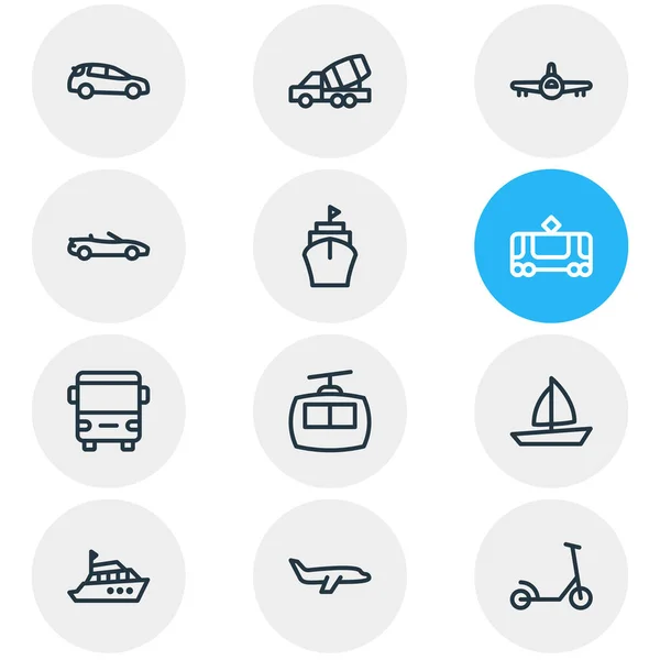 Illustration de 12 icônes de véhicule style ligne. Ensemble modifiable de voiture de construction, bateau, trottinette de coup de pied et autres éléments d'icône . — Photo