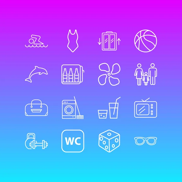 Illustrazione di 16 icone di viaggio stile linea. Set modificabile di delfini, fan, casinò e altri elementi icona . — Foto Stock