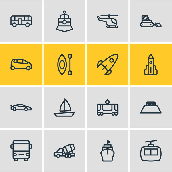 Иллюстрация 16 стиля линии транзитных иконок. Набор таблиц элементов поезда, корабля, ракеты и других символов . — стоковое фото