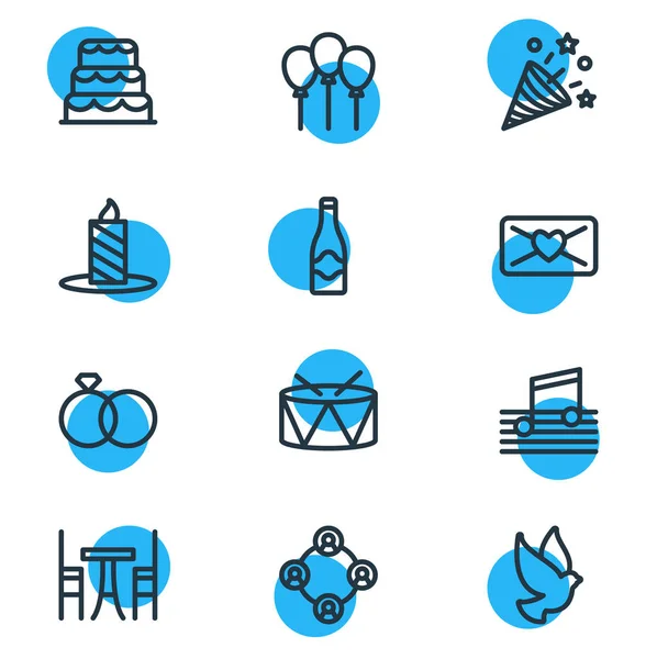 Illustration de 12 icônes de vacances style ligne. Ensemble modifiable de gâteau, ballon, champagne et autres éléments d'icône . — Photo