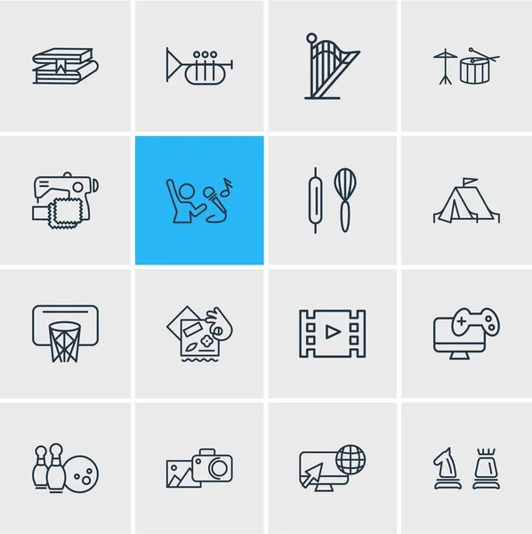 Ілюстрація 16 видів діяльності іконок стилю лінії. Підходящий набір швейних, скрапбукінгових, баскетбольних та інших елементів . — стокове фото