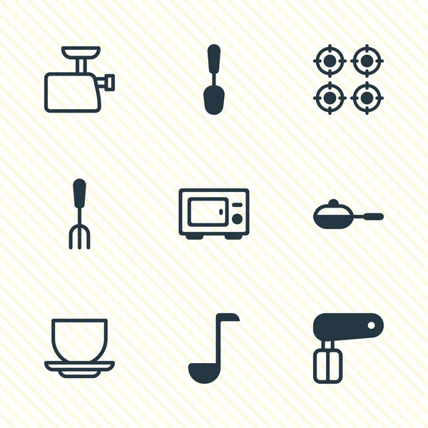 9 キッチン用品アイコンのイラスト。肉挽き器、鍋、手ミキサー アイコン要素の編集可能なセット. — ストック写真