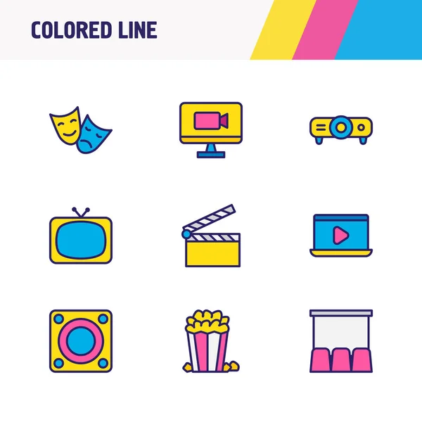 Illustration de 9 icônes de film ligne colorée. Ensemble modifiable de haut-parleur, pop-corn, comédie avec tragédie et autres éléments d'icône . — Photo