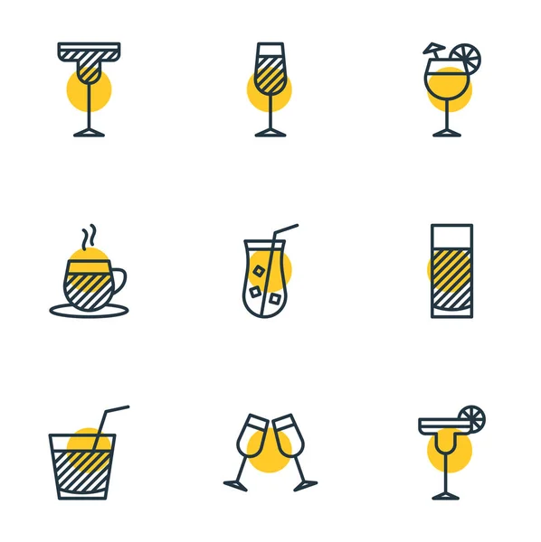 Иллюстрация 9 иконок напитков в стиле линии. Столовый набор из стакана воды, мартини, сока и других знаковых элементов . — стоковое фото