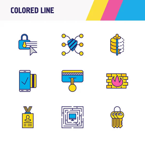 Ilustração de 9 ícones de privacidade colorido linha. Conjunto editável de chaveiro, firewall, configuração de segurança e outros elementos de ícone . — Fotografia de Stock