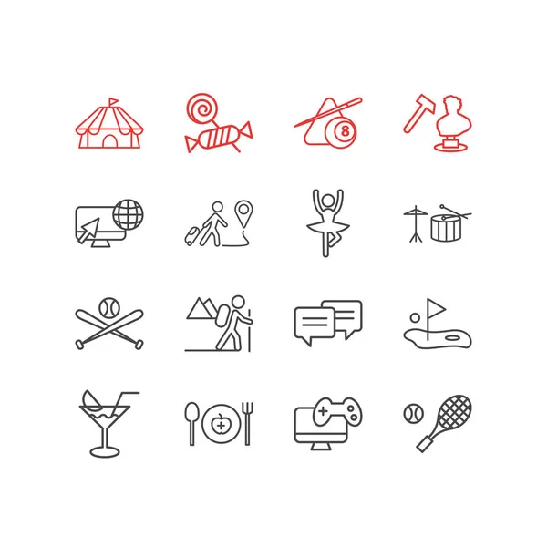 Illustration av 16 hobby ikoner linjeformat. Redigerbara uppsättning trummor, cocktail, videospel och andra ikonen element. — Stockfoto
