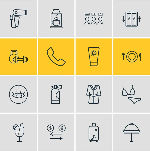 Ilustracja 16 hotel ikony stylu linii. Można edytować zestaw ochrony przeciwsłonecznej, dostawa do hotelu, koktajl i inne elementy ikony. — Zdjęcie stockowe