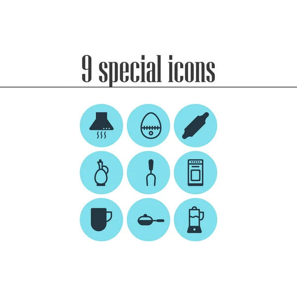 Ilustración de 9 iconos de utensilios de cocina. Set editable de sartén, taza de café, tenedor de barbacoa y otros elementos del icono . — Foto de Stock