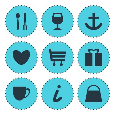 İade 9 simgeler vektör Illustration. Alışveriş çantası, Hediyelik, liman ve diğer simge öğeleri düzenlenebilir kümesi.