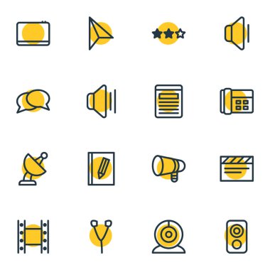 16 medya simgeleri çizgi stili vektör Illustration. Web Kamerası, kulaklık, konuşma ve diğer simge öğeleri düzenlenebilir kümesi.