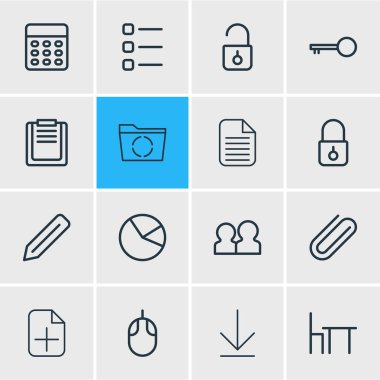 16 Bürosu simgeler çizgi stili vektör Illustration. Yeniden yükle, download, pasta grafiği ve diğer simge öğeleri düzenlenebilir kümesi.