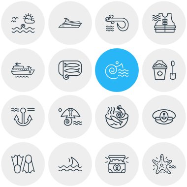 16 deniz simgeler çizgi stili vektör Illustration. Yılan balığı, yat, gemi ve diğer simge öğeleri düzenlenebilir kümesi.