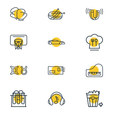 12 yaşam tarzı simgeleri çizgi stili vektör Illustration. Spor araba, Astroloji, boks ve diğer simge öğeleri düzenlenebilir kümesi.