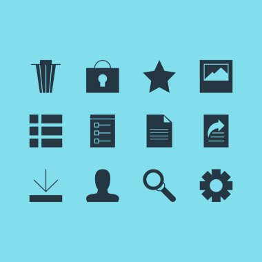 12 Internet simgeler vektör Illustration. Paylaşım, kilit, ayarları ve diğer simge öğeleri düzenlenebilir kümesi.