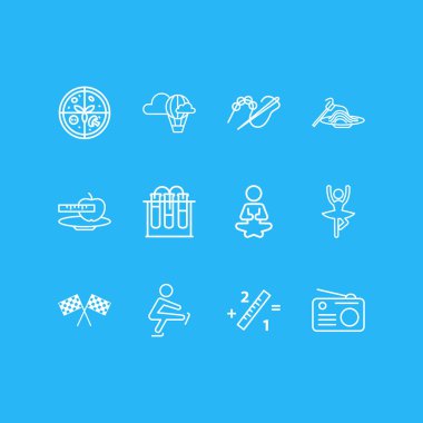 12 eğlence simgeler çizgi stili vektör Illustration. Bayraklar, kimya, diyet ve diğer simge öğeleri yarış düzenlenebilir seti.