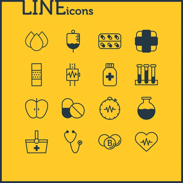 Illustration vectorielle de 16 icônes de médecine style ligne. Ensemble modifiable de pommes, goutte à goutte, vitamines et autres éléments d'icône . — Image vectorielle