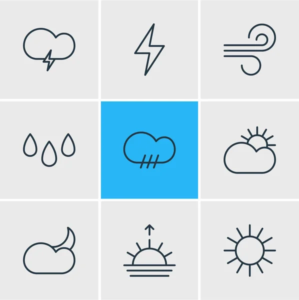Векторная иллюстрация стиля 9 иконок атмосферы. Набор символов ночи, грозы, ветра и других элементов . — стоковый вектор