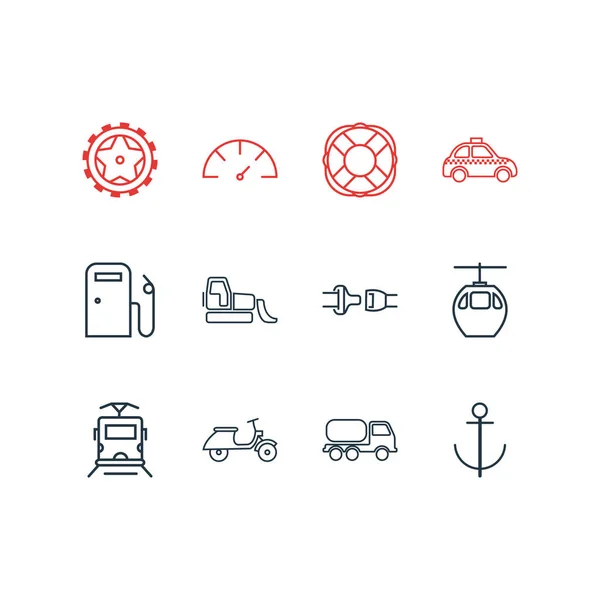 Ilustración vectorial de 12 iconos de transporte estilo de línea. Conjunto editable de bulldozer, teleférico, velocímetro y otros elementos del icono . — Archivo Imágenes Vectoriales
