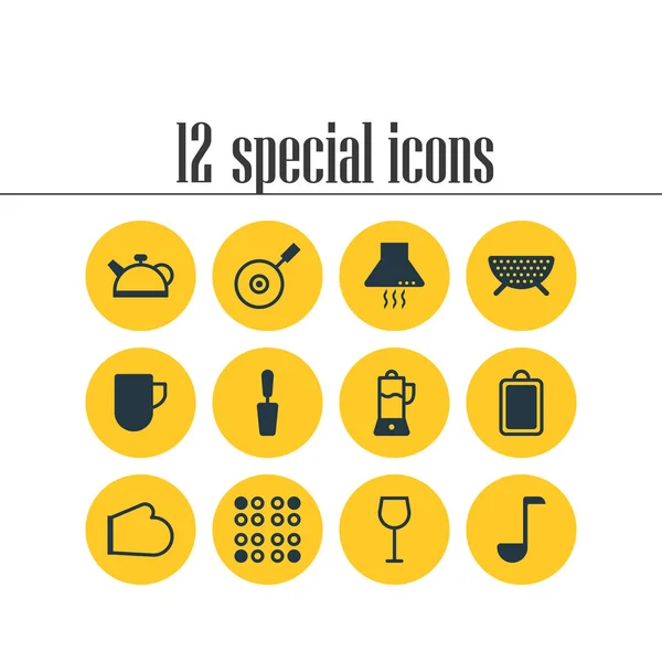Ilustración vectorial de 12 iconos de la cocina. Conjunto editable de campana de cocina, tabla de cortar, vino y otros elementos del icono . — Vector de stock