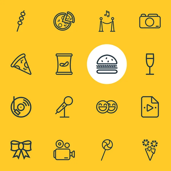 Ilustración vectorial de 16 iconos del partido estilo de línea. Conjunto editable de discoteca, malvavisco, hamburguesa y otros elementos del icono . — Archivo Imágenes Vectoriales