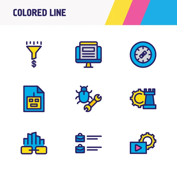 Ilustración vectorial de 9 iconos publicitarios de línea de colores. Conjunto editable de trabajos abiertos, por encima del pliegue, conversión de tráfico y otros elementos del icono . — Vector de stock