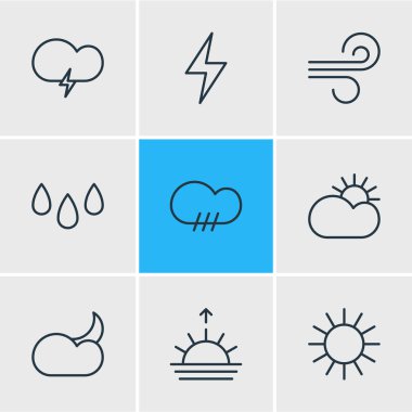 9 hava simgeleri çizgi stili Illustration. Gece, fırtına, Rüzgar ve diğer simge öğeleri düzenlenebilir kümesi.