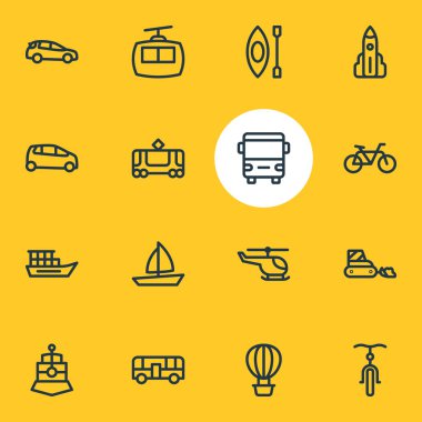16 araç simgeleri çizgi stili Illustration. Tramvay, Servisi, autobus ve diğer simge öğeleri düzenlenebilir kümesi.
