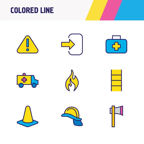 Иллюстрация 9 значков необходимости цветной линии. Столовый комплект скорой помощи, конус, шлем и другие элементы значка . — стоковое фото