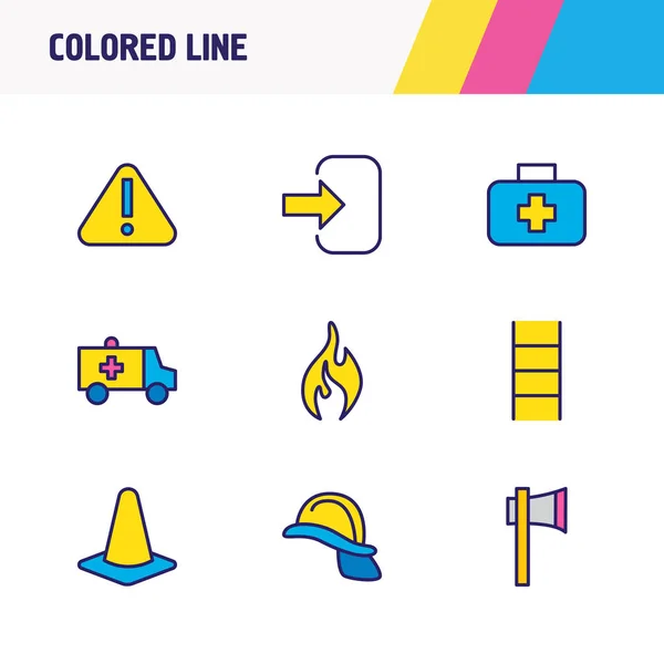 Illustration of 9 necessity icons colored line. Editable set of ambulance, cone, helmet and other icon elements. — Stock Photo, Image