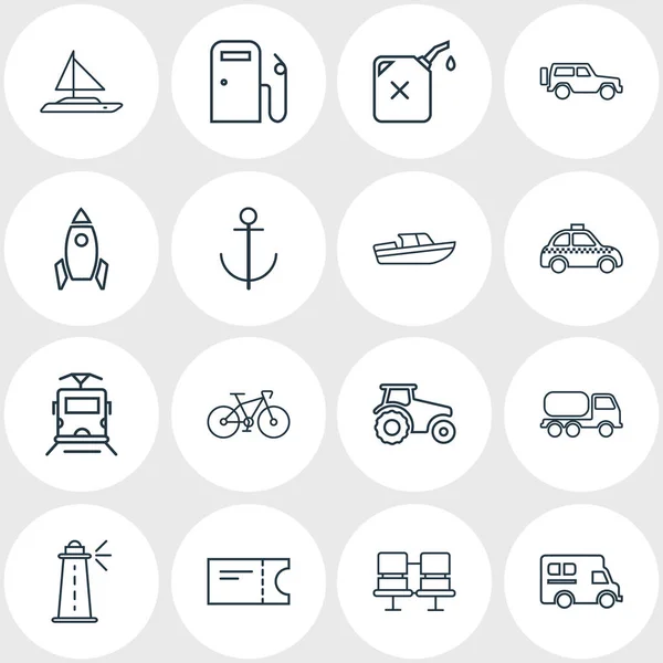 Ábra 16 közlekedési ikonok vonalstílus. Szerkeszthető űrjármű, yacht, benzinkút és egyéb ikon készlet. — Stock Fotó