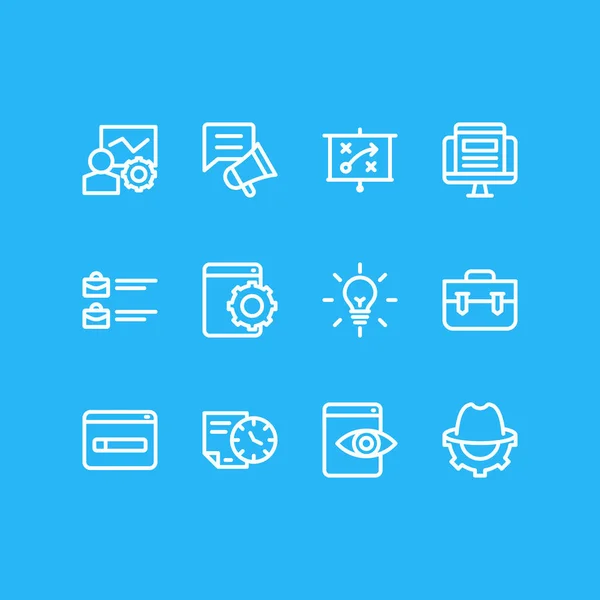 Ilustración de 12 iconos de publicidad estilo de línea. Conjunto editable de cartera, puestos de trabajo abiertos, SEO whitehat y otros elementos de icono . —  Fotos de Stock