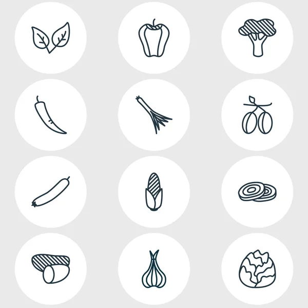 Ilustración de 12 iconos de verduras estilo de línea. Conjunto editable de aceitunas, campana bulgara, hierbabuena y otros elementos del icono . —  Fotos de Stock