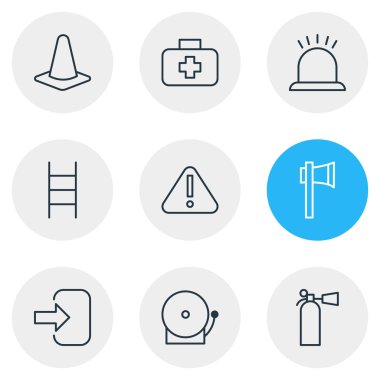 9 zorunluluk simgeler çizgi stili vektör Illustration. Merdiven, ilgi, siren ve diğer simge öğeleri düzenlenebilir kümesi.