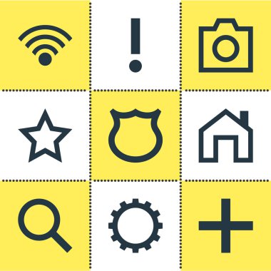 9 üye simgeler vektör Illustration. Arama, ana sayfa, koruma ve diğer simge öğeleri düzenlenebilir kümesi.