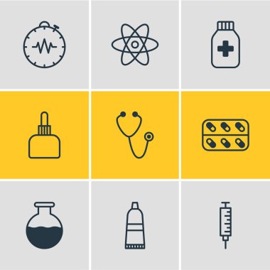 9 tıbbi simgeler çizgi stili vektör Illustration. Şırınga, Tüp, diş macunu ve diğer simge öğeleri düzenlenebilir kümesi.