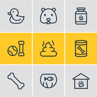 9 Hayvanat Bahçesi simgeler çizgi stili vektör Illustration. Kemik, hamster, ördek ve diğer simge öğeleri düzenlenebilir kümesi.