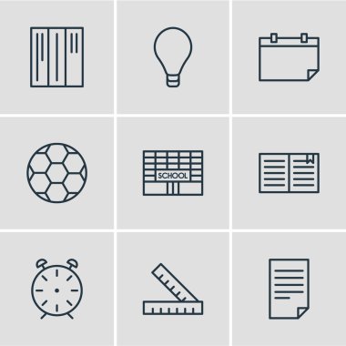 9 bilim simgeler çizgi stili vektör Illustration. Cetveller, bina, takvim ve diğer simge öğeleri düzenlenebilir kümesi.