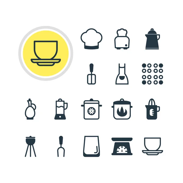 Ilustracja wektorowa 16 ikon przybory kuchenne. Można edytować zestaw fartuch, Waga kuchenna, czajnik elektryczny i inne elementy ikony. — Wektor stockowy