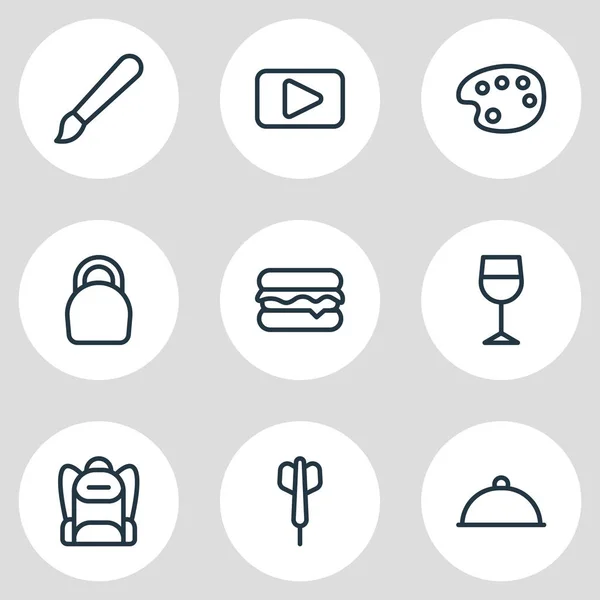 Ilustración vectorial de 9 iconos de entretenimiento estilo de línea. Conjunto editable de hamburguesas, catering, películas y otros elementos del icono . — Vector de stock
