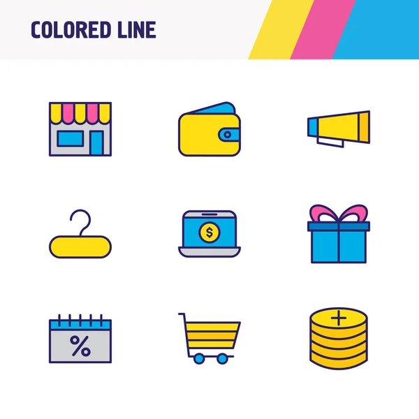 Ilustración vectorial de 9 iconos de comercio de línea de color. Conjunto editable de añadir monedas, billetera, comercio electrónico y otros elementos del icono . — Archivo Imágenes Vectoriales