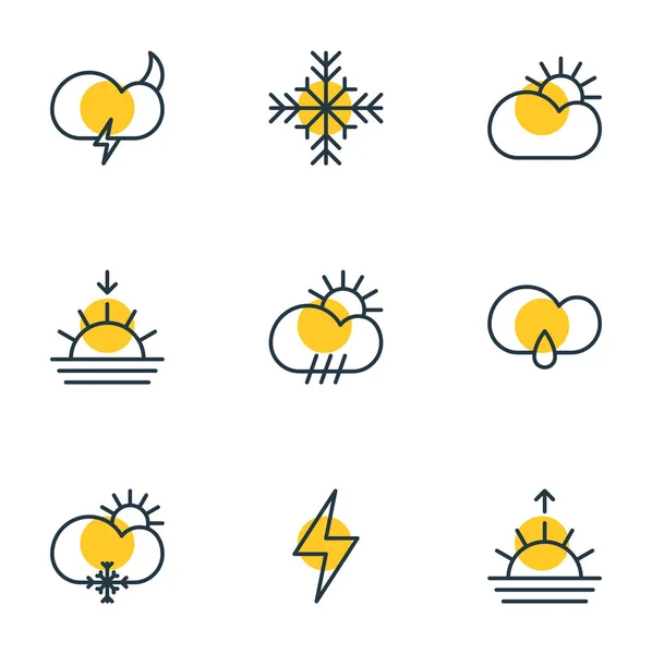 Ilustración vectorial de 9 iconos del cielo estilo de línea. Conjunto editable de luz solar, puesta de sol, gota de lluvia y otros elementos del icono . — Vector de stock