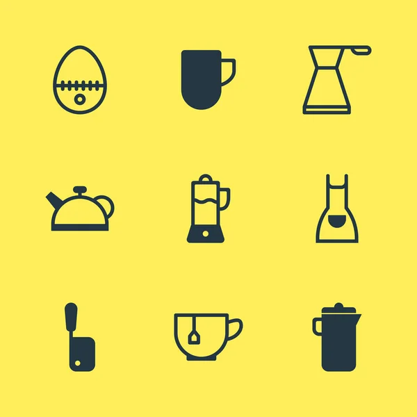 Ілюстрація 9 іконок для приготування їжі. Елегантний набір чайника, чашки кави, карафе та інших елементів піктограми . — стокове фото