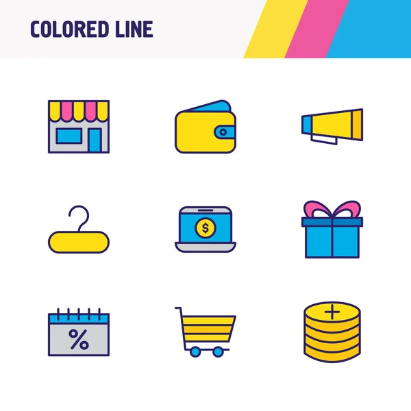 Ilustración de 9 iconos al por mayor línea de color. Conjunto editable de añadir monedas, billetera, comercio electrónico y otros elementos del icono . —  Fotos de Stock