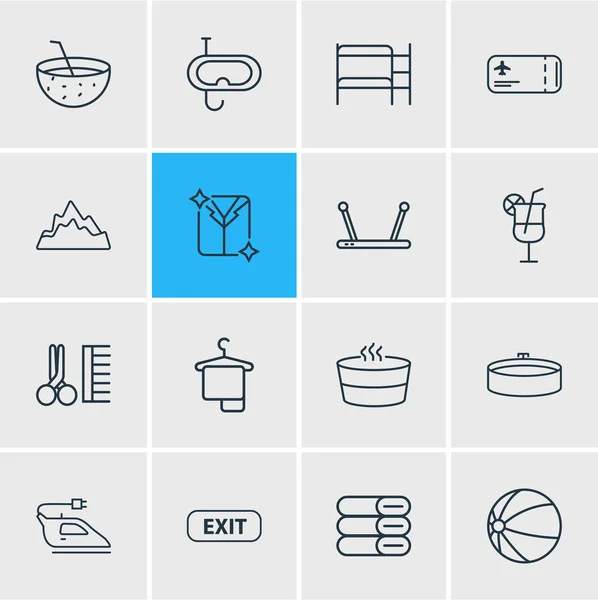 Иллюстрация стиля 16 дорожных иконок. Набор столов для химчистки, джакузи, выхода и других иконок . — стоковое фото