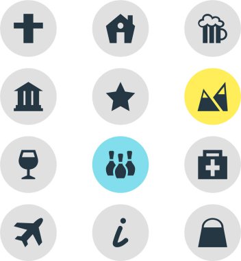 12 harita simgeler vektör Illustration. Pub, Akademi, din ve diğer simge öğeleri düzenlenebilir kümesi.