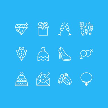 12 nişan simgeler çizgi stili vektör Illustration. Davet, şampanya, topuklu ayakkabı ve diğer simge öğeleri düzenlenebilir kümesi.